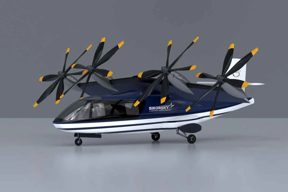 Sikorsky Aircraft's Hybrid-Electric Demonstrator (HEX) autonomous passenger VTOL four propeller tilt-wing concept design aircraft Sikorsky Aircraft's Hybrid-Electric Demonstrator (HEX) autonomous passenger VTOL four propeller tilt-wing concept design aircraft